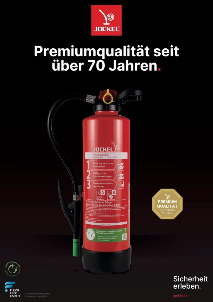 Roter Feuerlöscher von Jockel mit Bedienungsanleitung und Qualitätsmerkmalen.