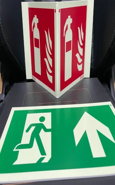 Dreidimensionale Darstellung von Feuerlöscher- und Notausgangssymbolen auf einem Tisch.