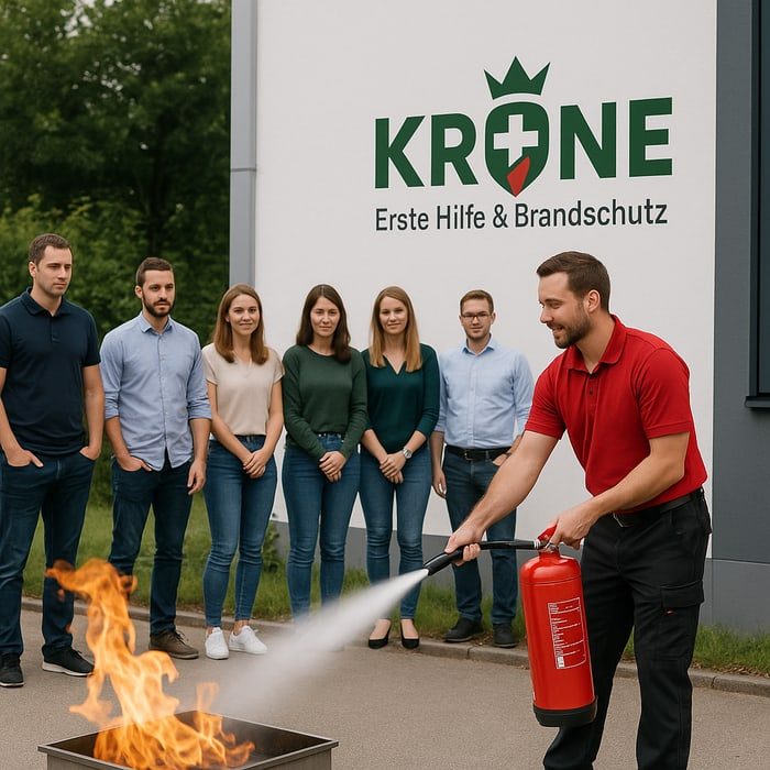 Mann in rotem Shirt, der mit einem Feuerlöscher ein Feuer löscht, während eine Gruppe von Personen zuschaut.