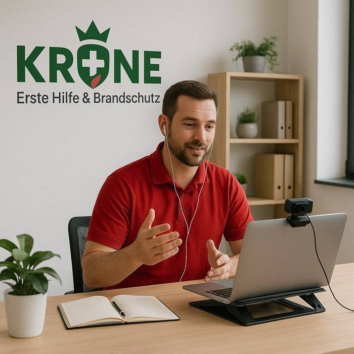 Mann in rotem Shirt sitzt vor einem Laptop mit Webcam und spricht in ein Headset in einem Büro.