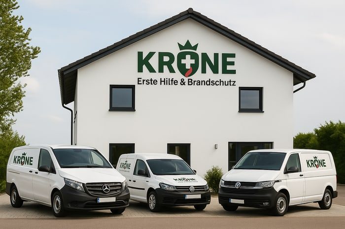 Drei weiße Lieferwagen mit dem Logo von Krone vor einem Firmengebäude.